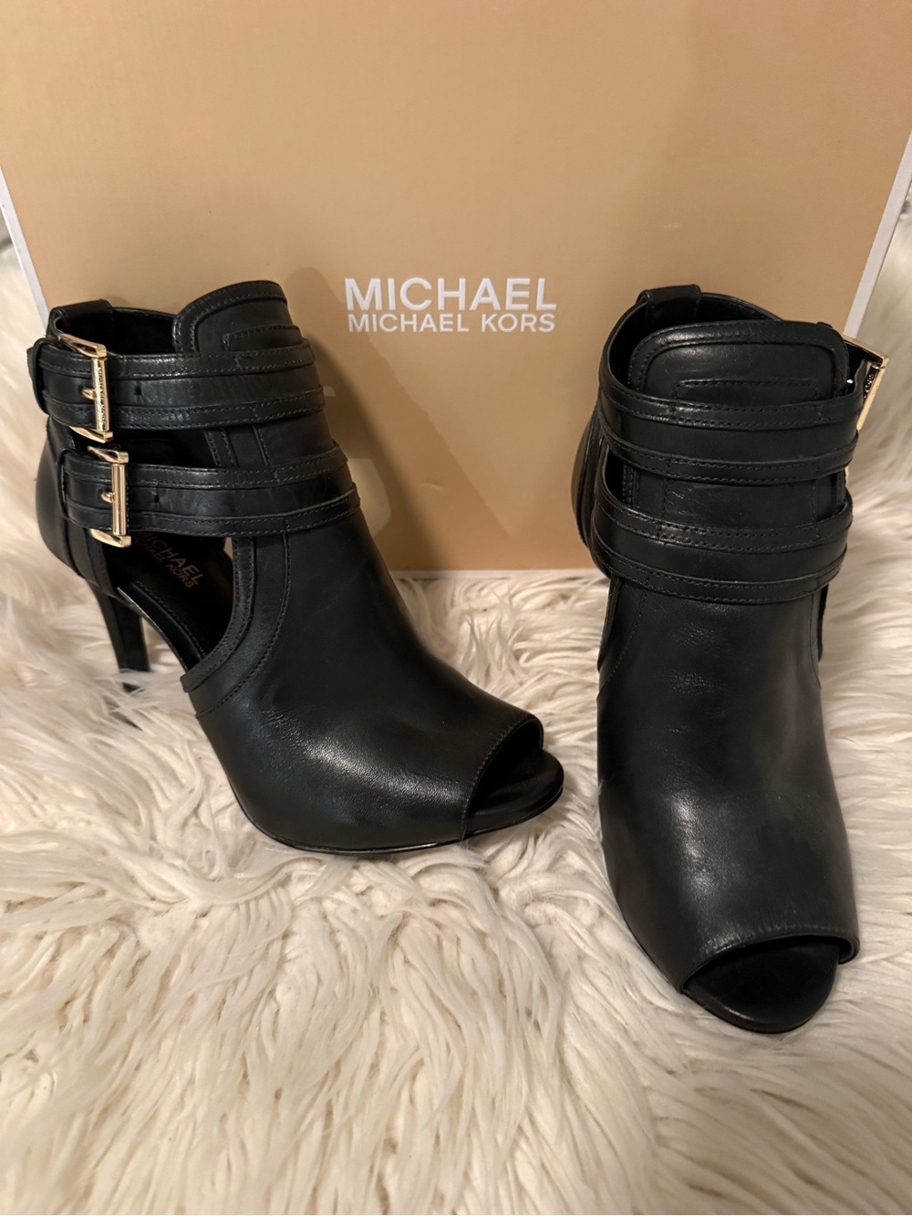 MICHAEL Michael Kors Black Leather Peep-Toe Ankle Booties with Gold Buckles